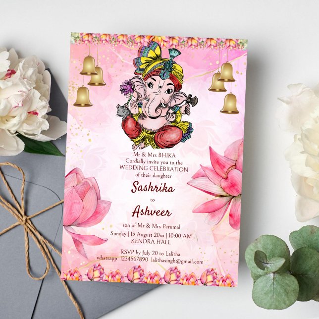 Plantilla de boda indio de Pink Ganesha lotus (Cute Ganesha pink lotus Indian wedding template invitation instant download)