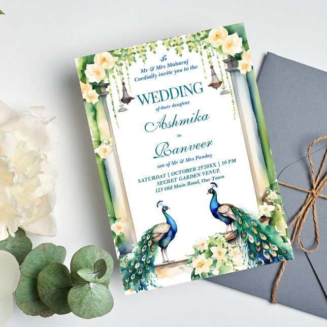 Plantilla de boda indio pavo real y jazmín (Indian wedding peacock jasmine garden template invitation instant digital download gajra lamps )