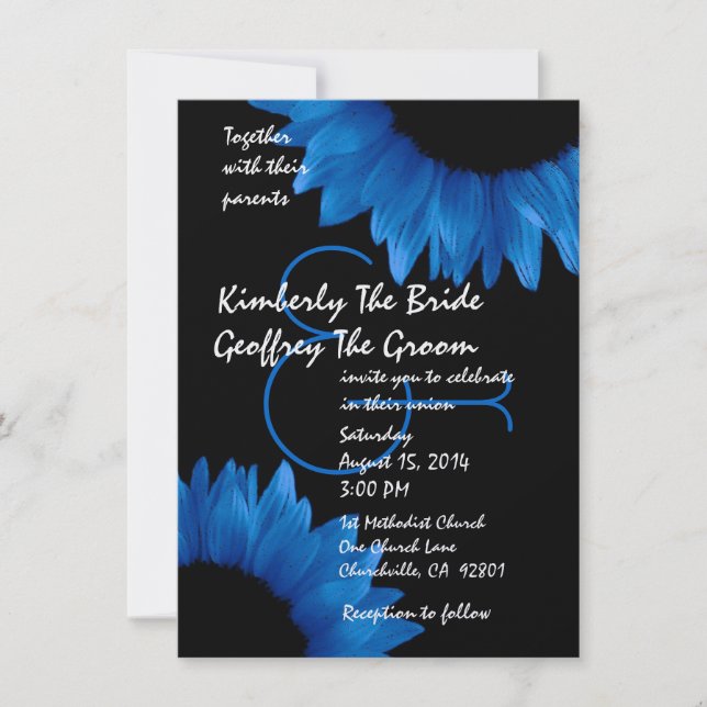 Plantilla de Boda moderna de girasoles azul cobalt (Anverso)