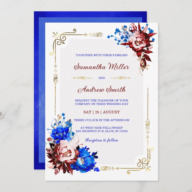 Plantilla de Boda Real Azul y Borgoña (Anverso / Reverso)