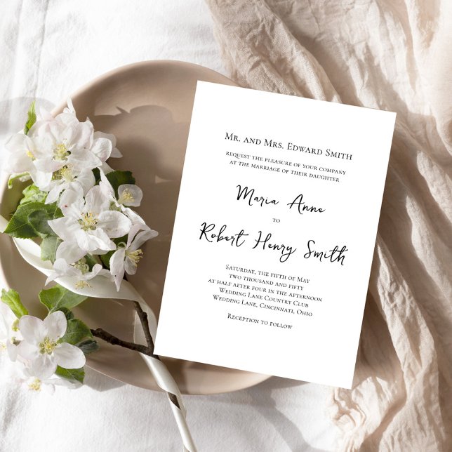 Plantilla de Boda simple en blanco y negro (Simple black and white calligraphy script wedding invitation.)