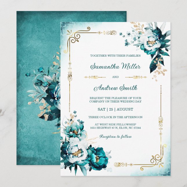 Plantilla de Boda Verde Azul y Dorado (Anverso / Reverso)