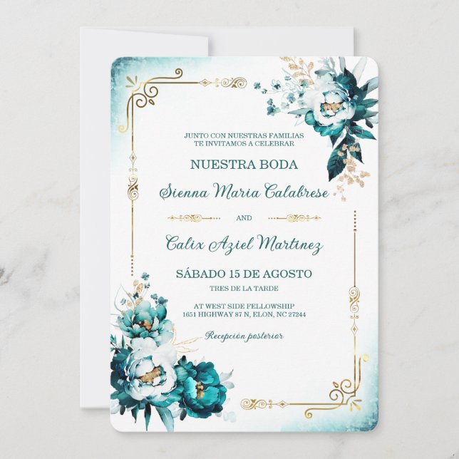 Plantilla de Boda Verde Azulado y Dorado (Anverso)