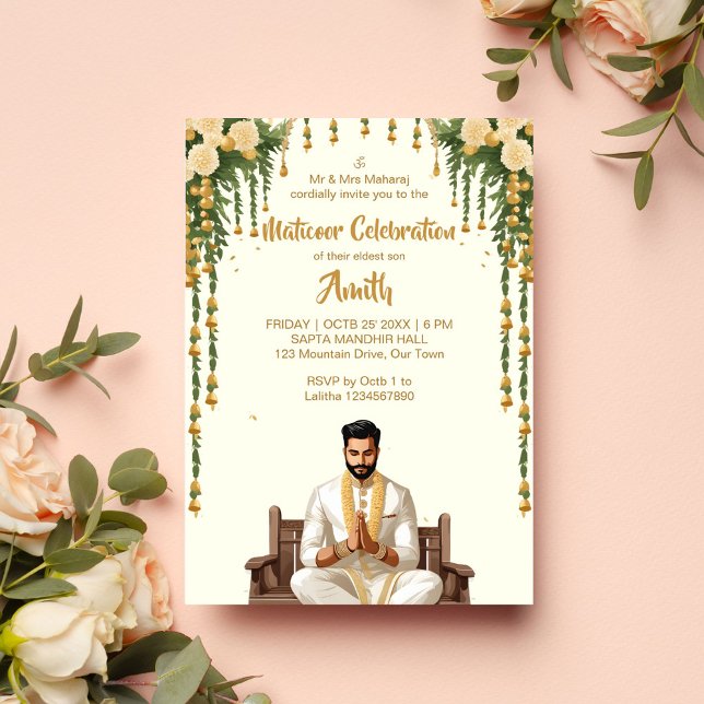 Plantilla de bodas indios Matikoor Haldi (Matikoor Haldi Indian wedding invitation for a groom editable template digital download cartoon)