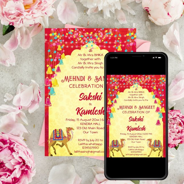 Plantilla de camellos del boda indio Rajasthani (Mehndi Sangeet Indian wedding Rajasthani camels editable template invitation digital download)