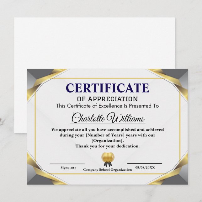 Plantilla de certificado de agradecimiento elegant (Anverso / Reverso)