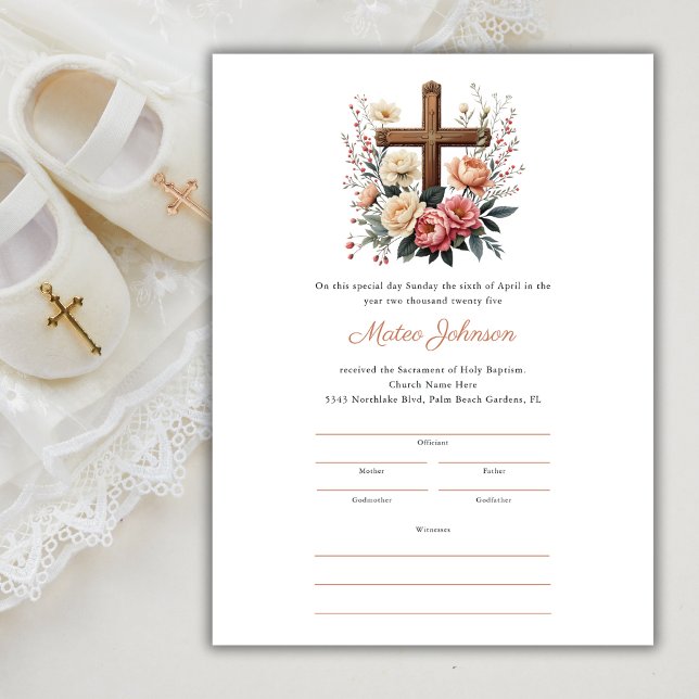 Plantilla de certificado de bautismo floral-católi (Floral Cross Catholic Baptism Certificate Template)