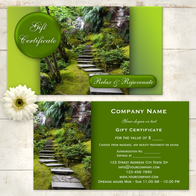 Plantilla de certificado de belleza para masajes (Green and refreshing - spa, massage, sauna or beauty gift certificate)