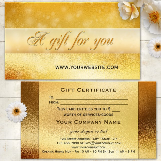 Plantilla de certificado de regalo con destellos d (Gift certificate business card featuring festive gold and bokeh sparkles)
