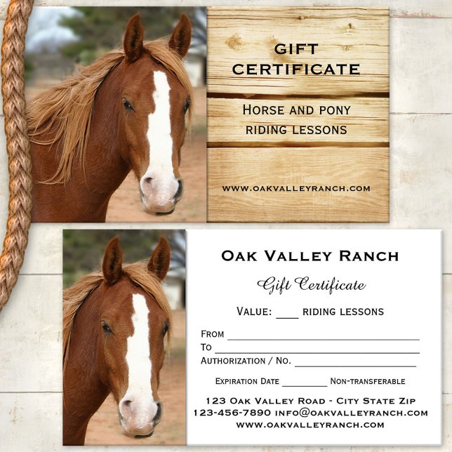 Plantilla de certificado de regalo de lecciones de (Gift certificate template for a horse or pony riding lesson)
