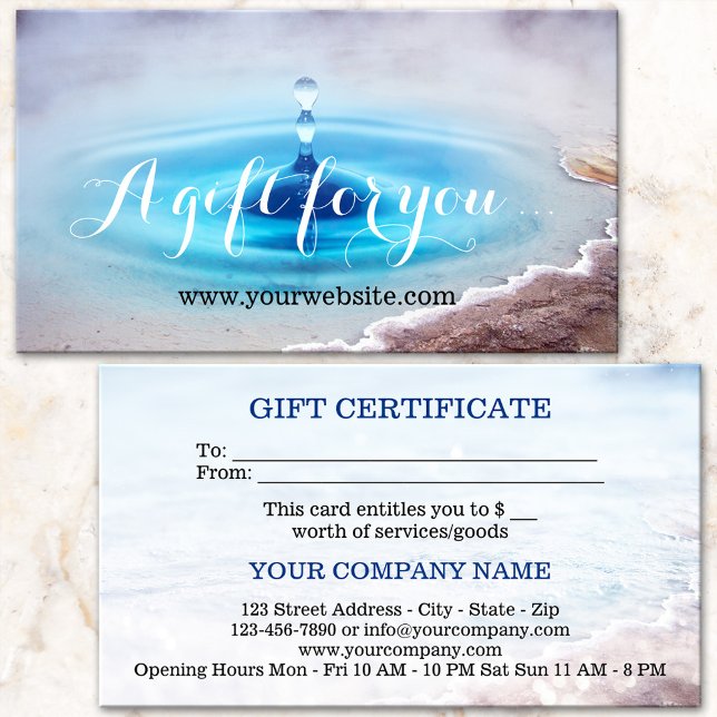 Plantilla de certificado de regalo de masaje para  (Gift certificate card featuring an artistic representation of a hot water source - spa - wellness)