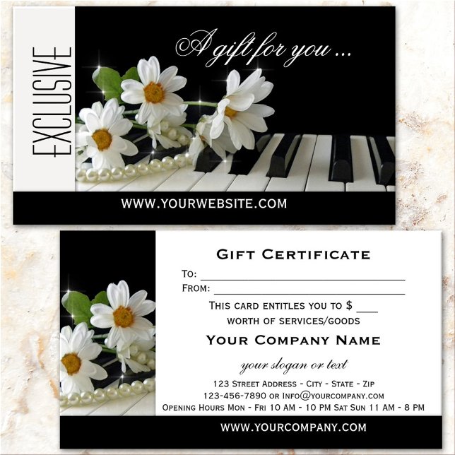 Plantilla de certificado de regalo de música de pi (Elegant gift certificate business card featuring an image of flowers on a piano)