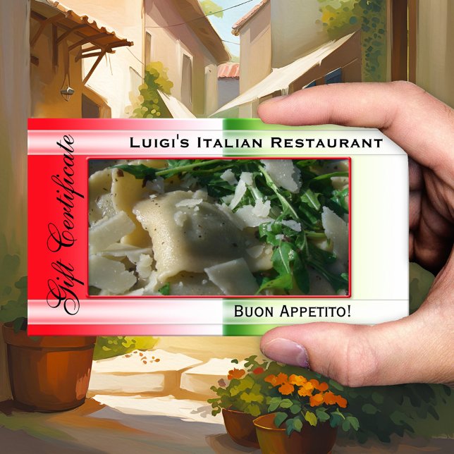Plantilla de certificado de regalo de restaurante  (Gift certificate template for an Italian restaurant in the colors of the Italian flag - QR code)