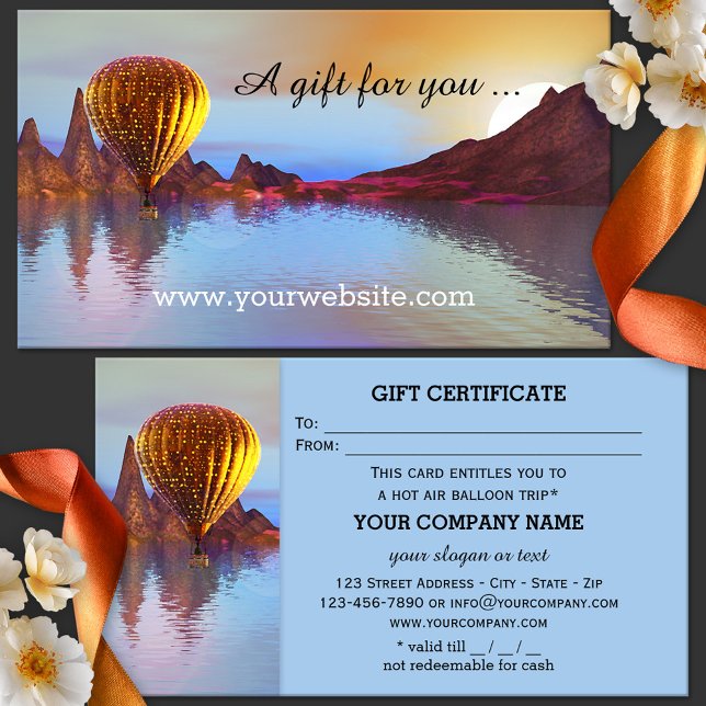 Plantilla de certificado de regalo de viaje en glo (Hot air balloon entertainment gift certificate card with fantasy landscape - day trip)
