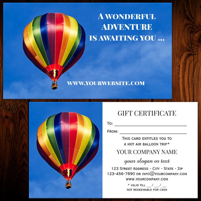 Plantilla de certificado de regalo de viaje en glo (A gift certificate or regular business card featuring a hot air balloon.)