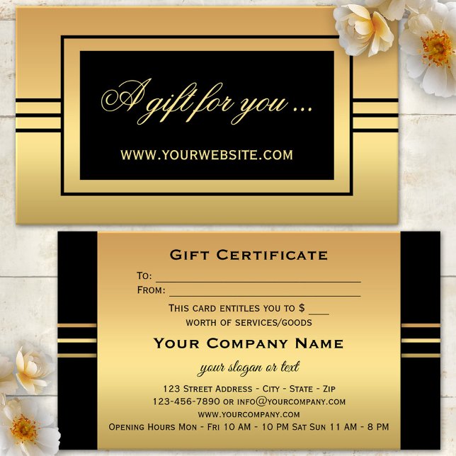 Plantilla de certificado de regalo negro de oro el (Elegant business card sized gift card voucher in gold and black with stripes)