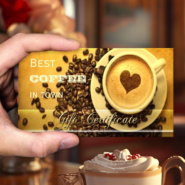 Plantilla de certificado de regalo para el mejor c (Gift certificate card featuring a cappuccino with a heart - great for a coffee shop)