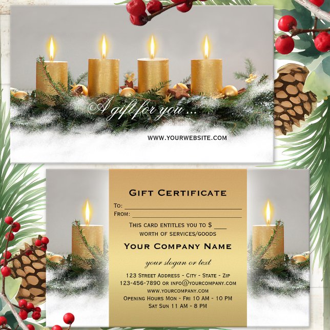 Plantilla de certificado de regalo para Navidades  (Festive Christmas Holidays gift certificate featuring golden candles with pine twigs in snow)