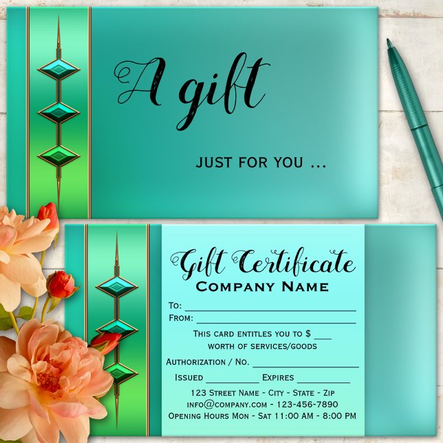 Plantilla de certificado de regalo verde Verde azu (Gift certificate business card featuring an artistic design in teal green with turquoise)