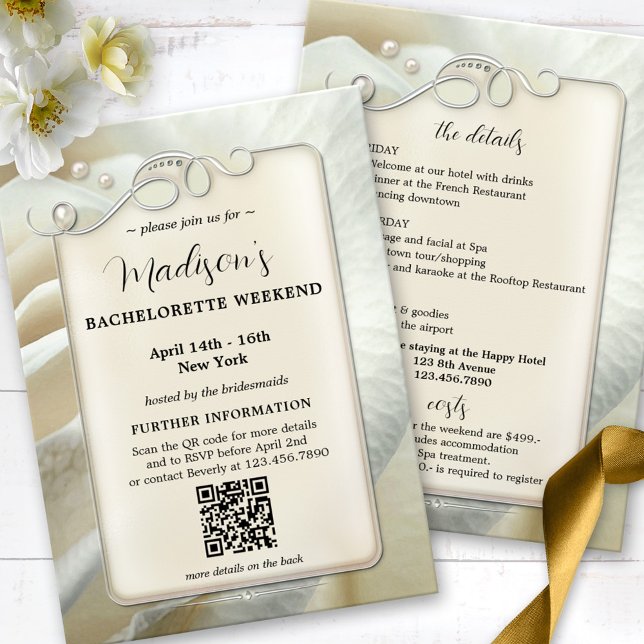 Plantilla de código QR Itinerario de fin de semana (Bachelorette weekend getaway invitation QR  program template with pearls and silver on an ivory rose)