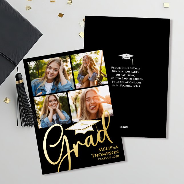 Plantilla de Collage de fotos de Graduación de Gui (Graduation photo collage gold foil invitation announcement. )