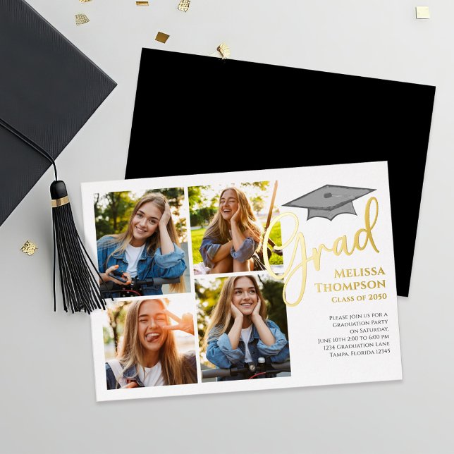 Plantilla de Collage de fotos de Graduación de Gui (Gold script graduation photo collage template foil invitation announcement)