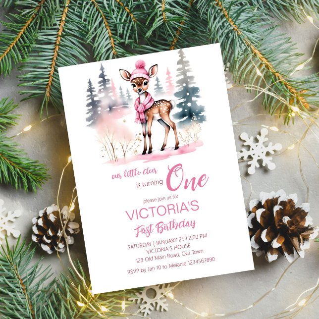 Plantilla de cumpleaños de chicas de invierno de c (Cute deer Winter girls birthday party editable template invitation digital download watercolor)