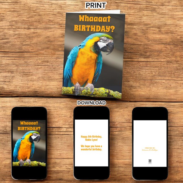 Plantilla de cumpleaños de loro colorido (template designed greeting card available in print or downloadable)