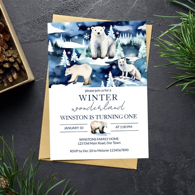 Plantilla de cumpleaños de los animales del Ártico (Winter onederland arctic animals birthday party editable template invitation digital download fox)