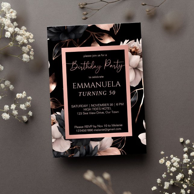 Plantilla de cumpleaños floral elegante rosa de or (Elegant black rose gold floral birthday party editable template invitation digital download 50 party)