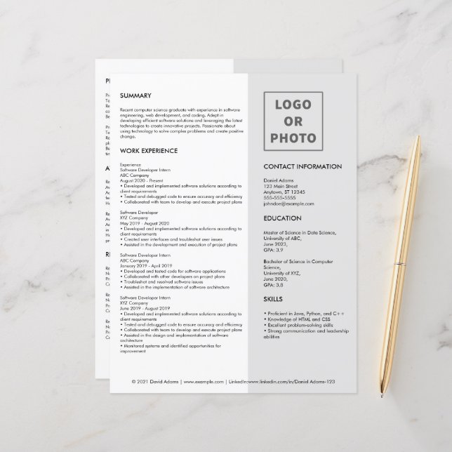 Plantilla de CV de reanudación de currículum grisá (Anverso/Reverso In Situ)