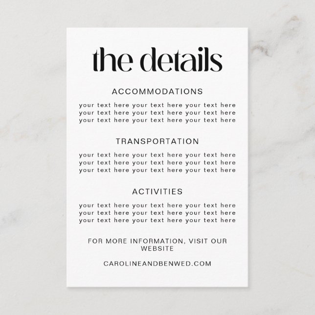 Plantilla de detalles de boda con tipografía negra (Anverso)