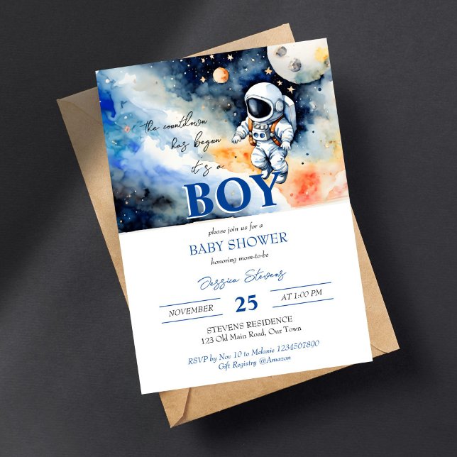 Plantilla de ducha de bebé astronauta en el espaci (Outer space astronaut baby shower editable template digital download watercolor cute baby astronaut)