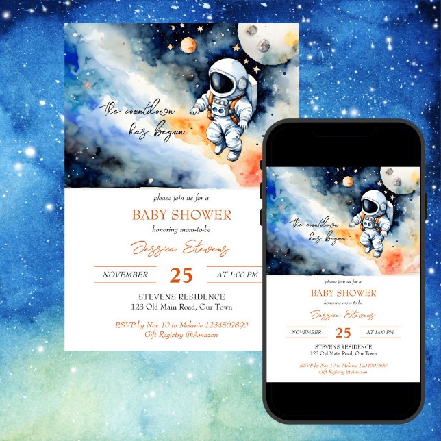 Plantilla de ducha de bebé astronauta en el espaci (Outer space astronaut baby shower editable template invitation digital download watercolor galaxy)