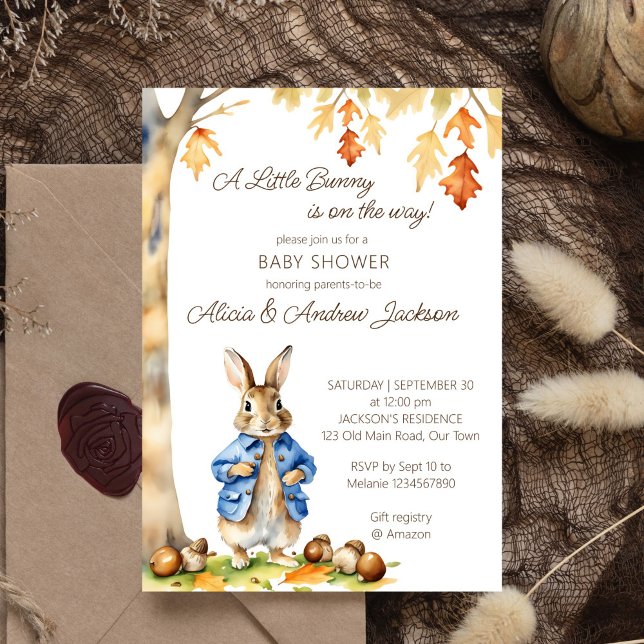 Plantilla de ducha de bebé con temática de caída d (Peter rabbit baby shower template invitation instant download a cute bunny in a blue jacket fall )