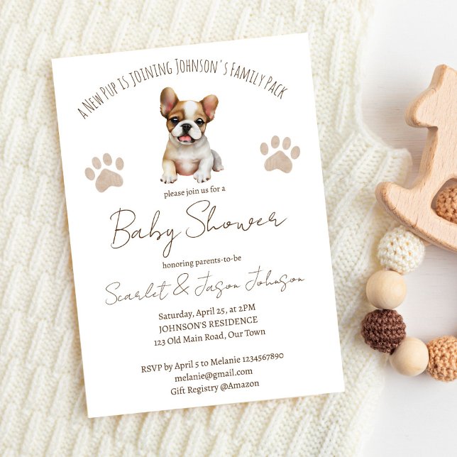Plantilla de ducha de bebé con temática de perro d (Puppy dog themed baby shower editable template invitation digital download cute French Bulldog brown)