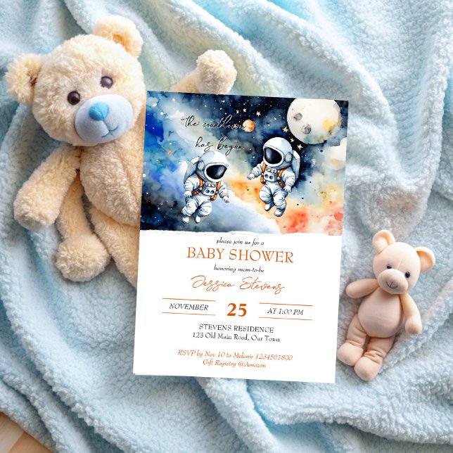Plantilla de ducha de bebé de gemelos astronautas  (Outer space astronaut twins baby shower invitation editable template cute baby astronauts in space)