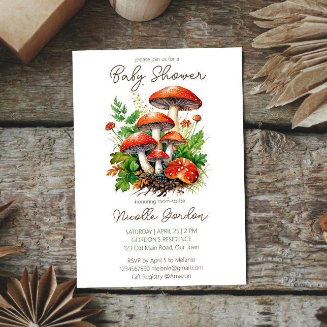 Plantilla de ducha de bebé para hongos silvestres (Wild forest red mushrooms green fern baby shower invitation editable template instant download )