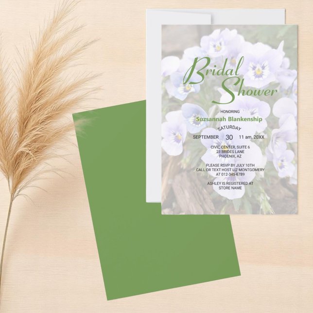 Plantilla de ducha de novia con fotos de pansitas  (floral front with template text and solid color back bridal shower invitation)