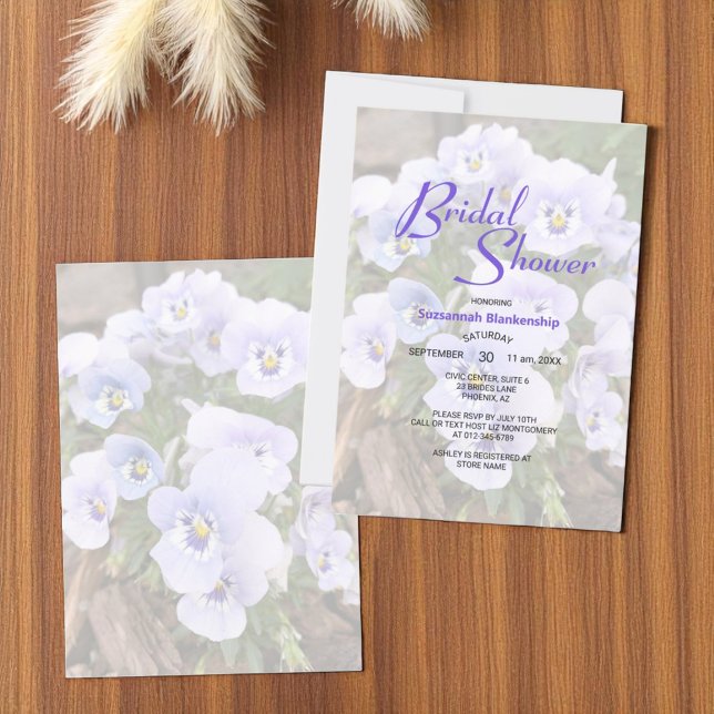 Plantilla de ducha de novia con fotos de pansitas  (front and back bridal shower template invitation)
