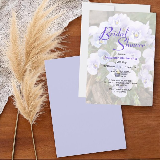 Plantilla de ducha de novia con fotos de pansitas  (front template text back solid color bridal shower invitation)