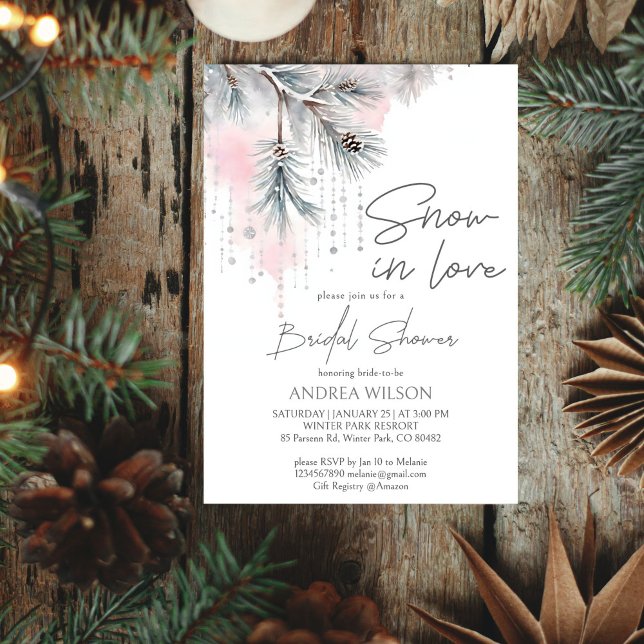 Plantilla de ducha de novia de invierno de nieve e (Snow in love winter themed bridal shower editable template invitation digital download watercolor )