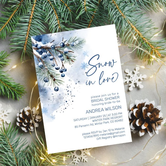 Plantilla de ducha de novia de invierno de nieve e (Snow in love winter bridal shower editable template invitation digital download watercolor pines)