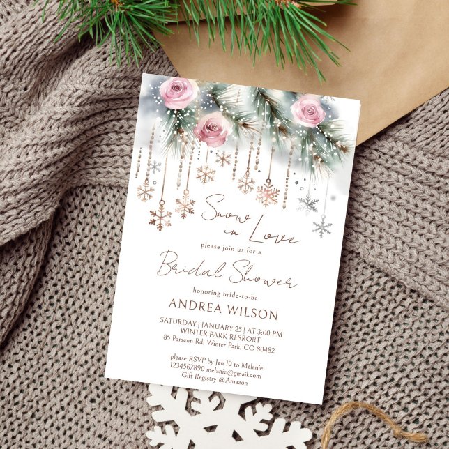 Plantilla de ducha de novia de invierno de nieve e (Snow in love winter bridal shower editable template invitation digital download watercolor pines)