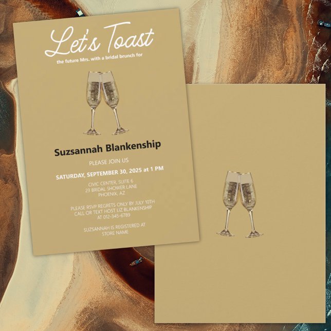 Plantilla de ducha de novias con tostadas de flaut (Bridal shower invitation template featuring champagne flute glasses.)