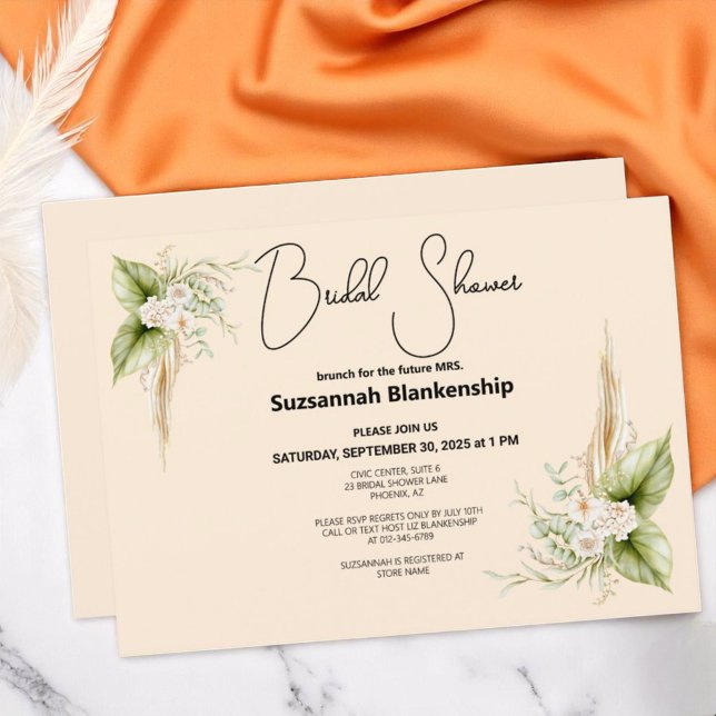 Plantilla de ducha de novias con tostadas de flaut (front bridal shower floral corner template invitation back solid background color)