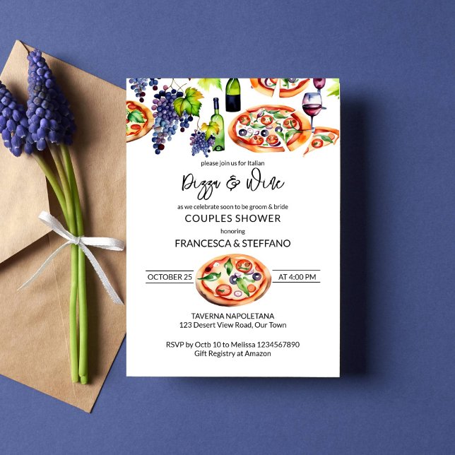 Plantilla de ducha de pizzas y de parejas de vinos (Pizza and wine Italian themed couples shower template invitation instant download pizza wine bottle)