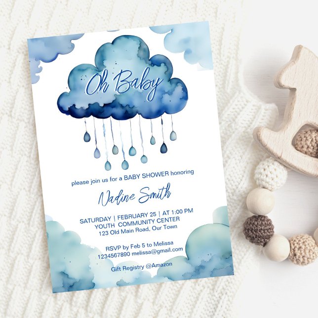 Plantilla de ducha para bebé en nube (Oh Baby cloud baby shower template invitation digital download cute blue clouds raindrops whimsical)