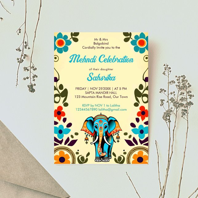 Plantilla de elefante mehndi, boda indio, lindo (Cute Indian wedding cute elephant Mehndi editable template invitation digital download groovy retro)