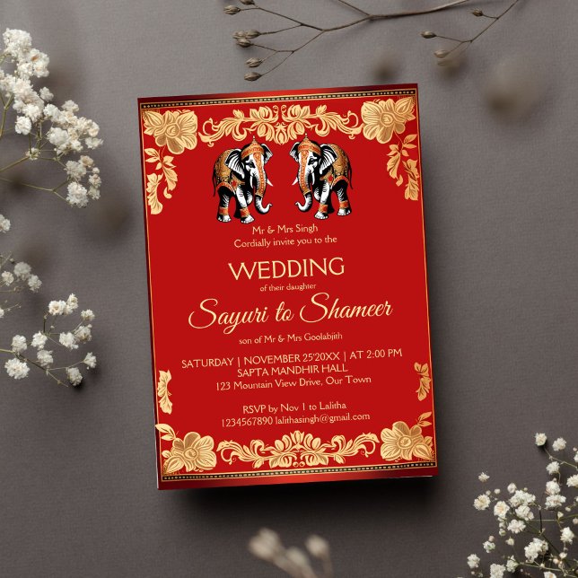 Plantilla de elefantes bodas indios rojos y dorado (Red and gold Indian wedding ornate elephants editable template invitation instant digital download)